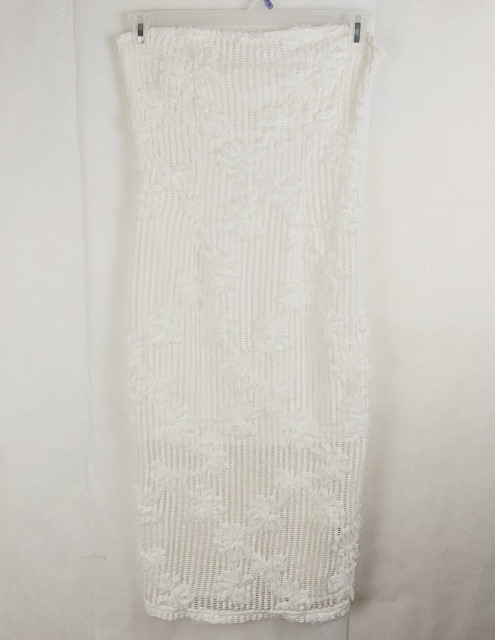 Ivory open knit 3D floral strapless midi dress Sz Large Romantic Boho Whimsical